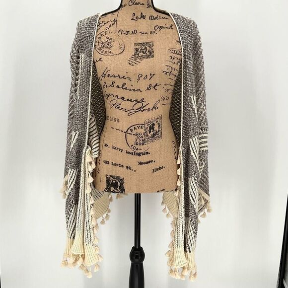 Roffe Pommed Hem Knit Kimono Wrap Cardigan Sweater Cream Grey Women One Size - Picture 1 of 7